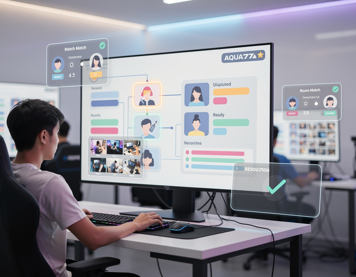 Ilustrasi cara menangani dispute match AQUA77 dengan bracket, room match, dan bukti skor