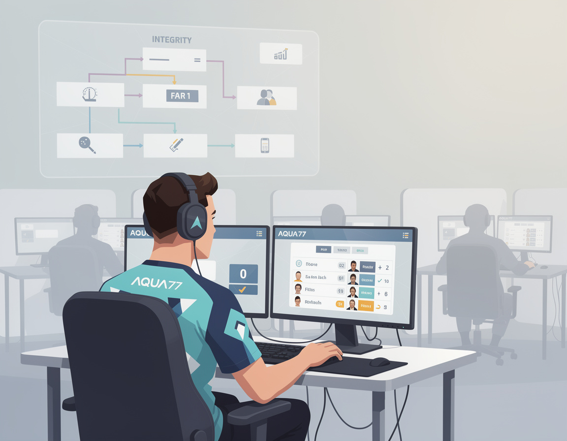 Ilustrasi kode etik pemain AQUA77 dengan bracket, room match, dan bukti skor